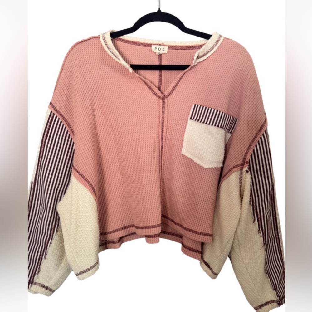 POL Boutique Waffle Knit Crop Top Rose Cream Contrast Stitch Striped Sleeve Smal